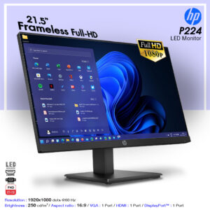 จอคอมพิวเตอร์ HP รุ่น P224 ขนาดจอ 21.5” LED backlight / Full-HD (1920 x 1080 @ 60 Hz) / Frameless / 1xHDMI / 1xVGA / 1xDisplayPort